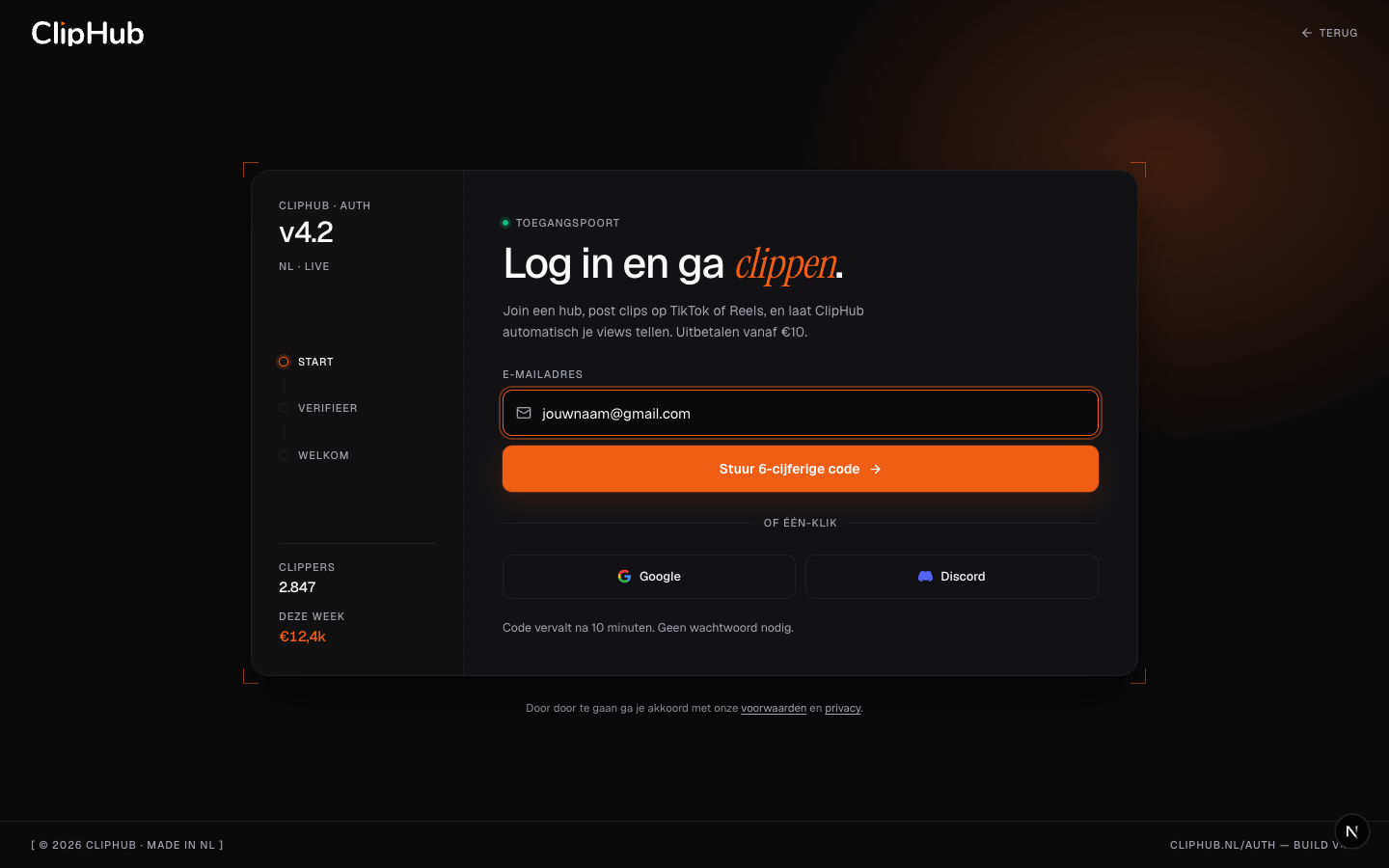 E-mailadres ingevuld, knop 'Stuur 6-cijferige code' licht op