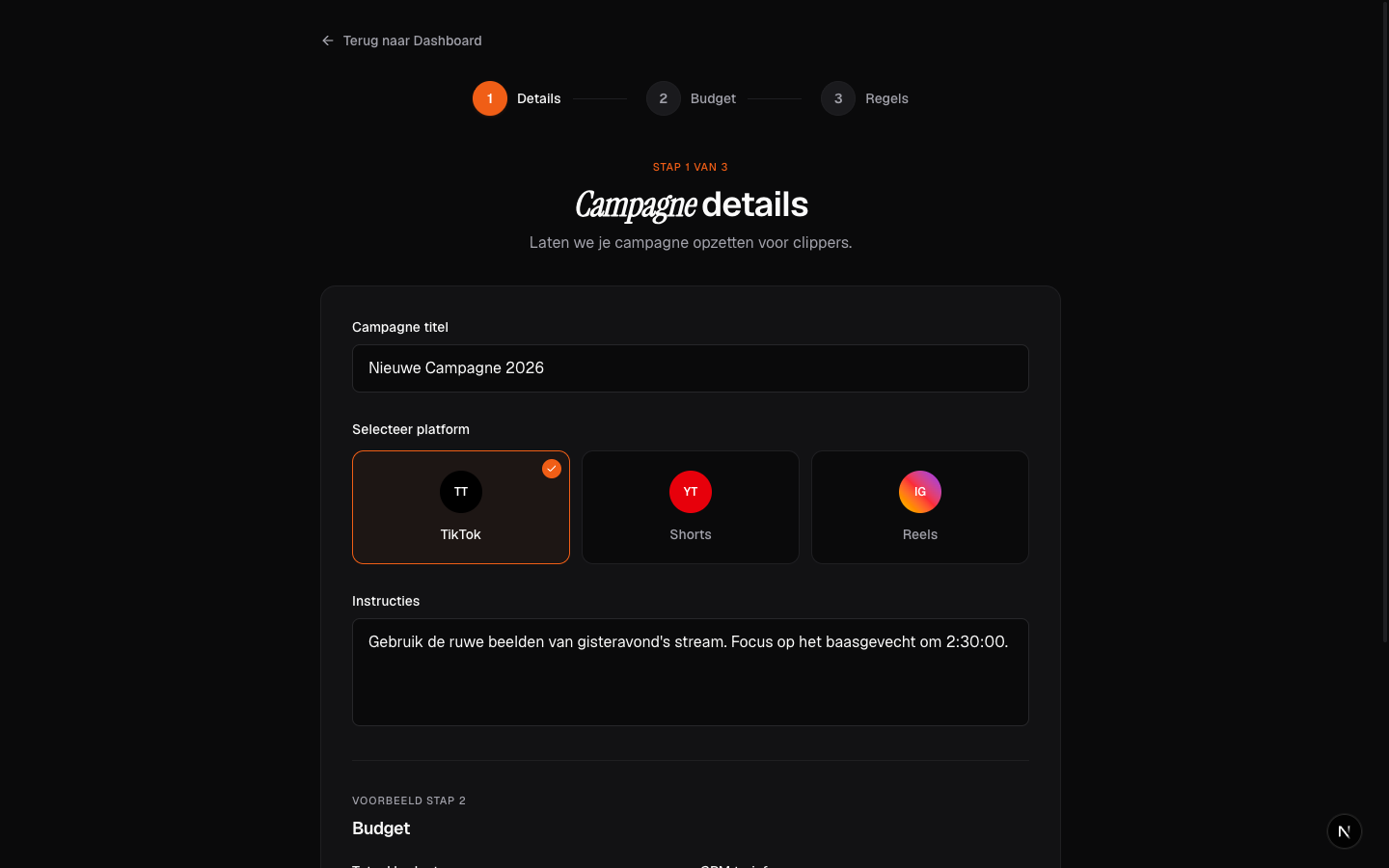 Stap 1 van de campagne-wizard: details invullen, platform kiezen