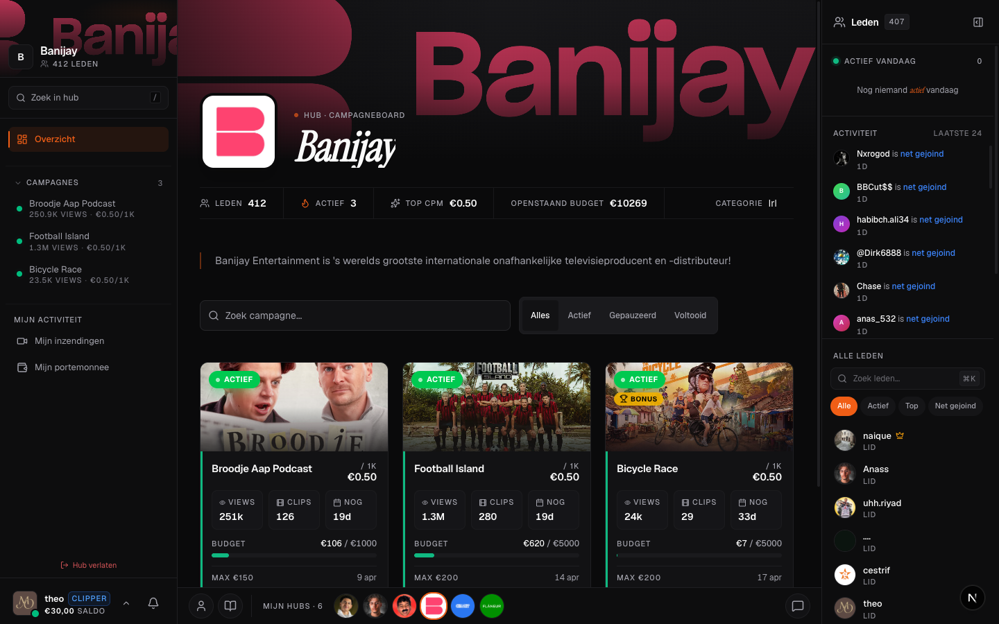 Hub detail-pagina met campagne-kaarten, ledenlijst en activity feed