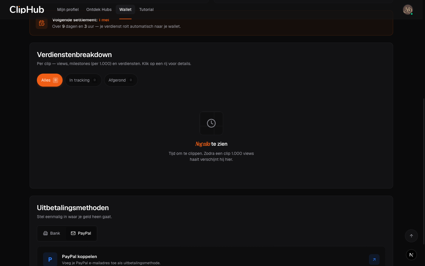 De verdienstenbreakdown in de wallet met Alles / In tracking / Afgerond tabs